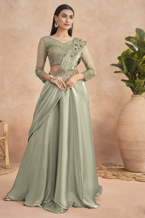 Pastel Green Ready Pleated Satin Lehenga Style Saree And Heavy Work Blouse Piece