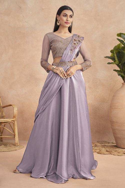 Lavender Ready Pleated Satin Lehenga Style Saree And Heavy Work Blouse Piece