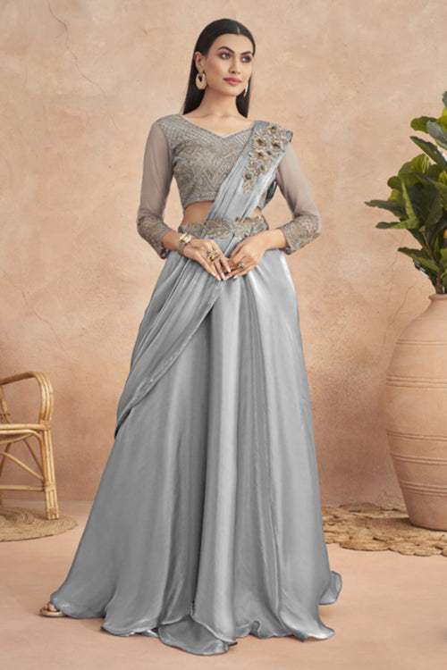 Light Grey Ready Pleated Satin Lehenga Style Saree And Heavy Work Blouse Piece