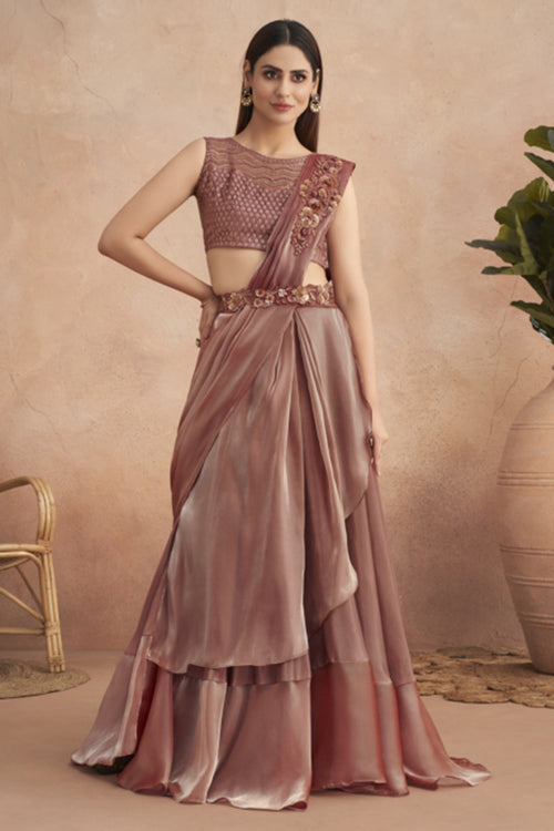 Brown Ready Pleated Satin Lehenga Style Saree With Heavy Work Blouse Piece