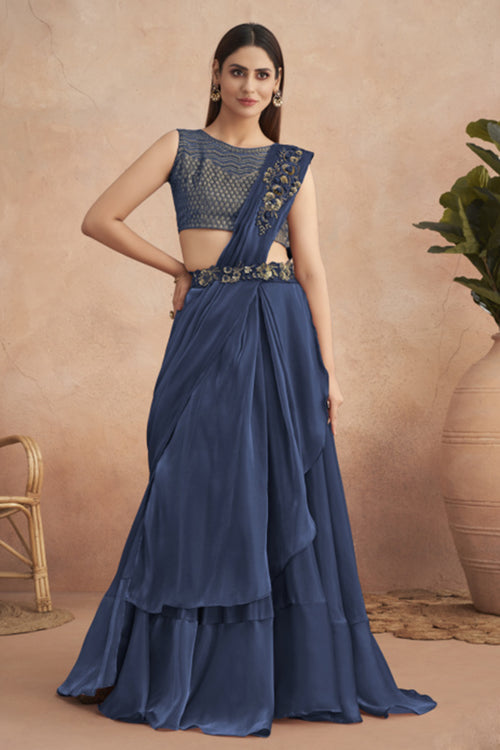 Navy Blue Ready Pleated Satin Lehenga Style Saree With Heavy Work Blouse Piece