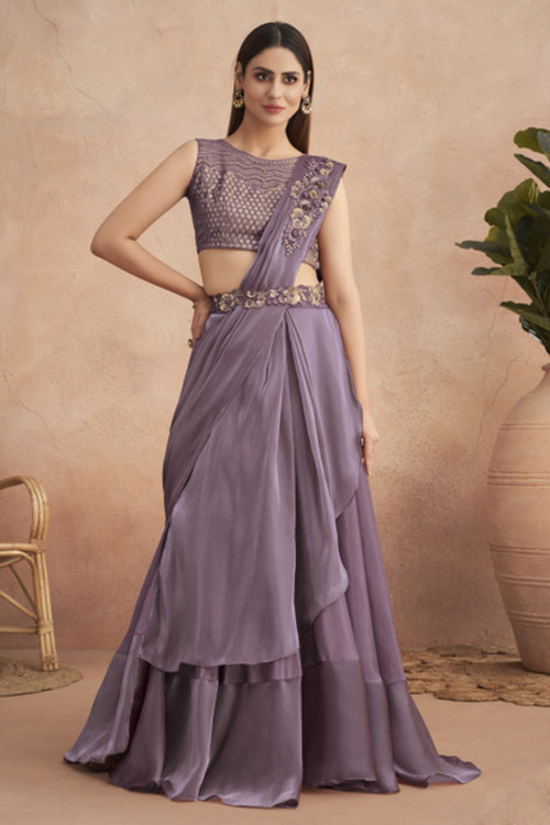 Purple Ready Pleated Satin Lehenga Style Saree With Heavy Work Blouse Piece