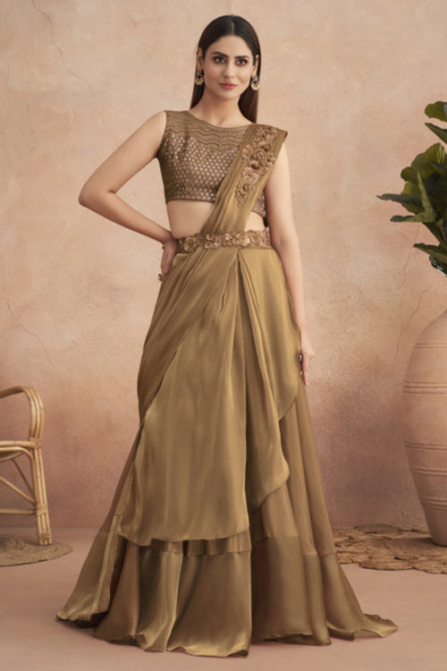 Golden Brown Ready Pleated Satin Lehenga Style Saree With Heavy Work Blouse Piece