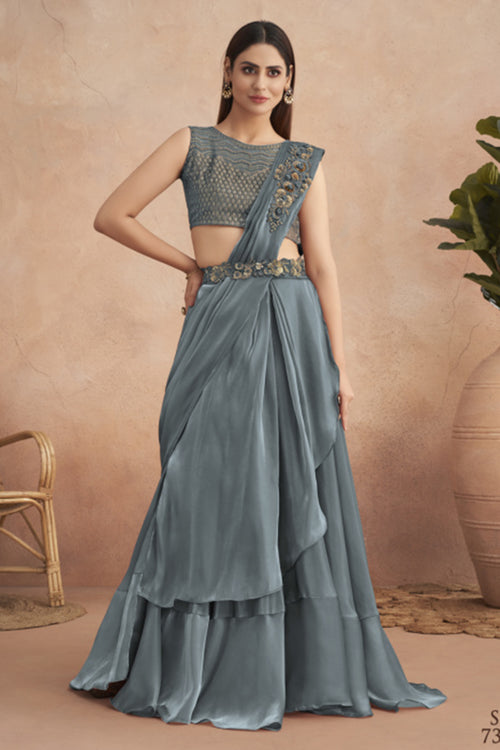 Grey Ready Pleated Satin Lehenga Style Saree With Heavy Work Blouse Piece