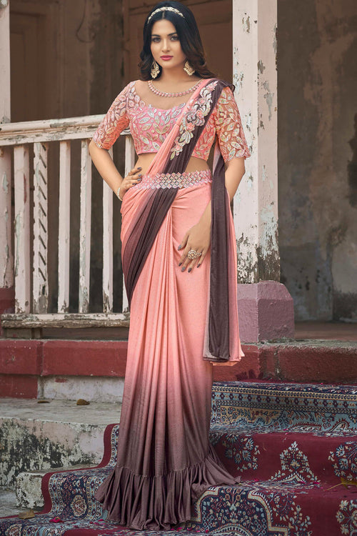 Peach Ready Pleated Stone Work Lycra Saree And Heavy Work Blouse Piece