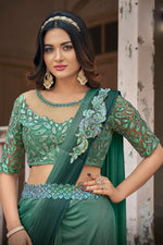 Green  Ready Pleated Stone Work Lycra Saree And Heavy Work Blouse Piece