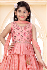 Light Coral Printed Gown With Mirror Embroidery For Girls
