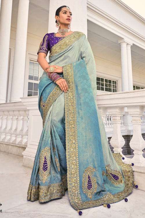 Light Blue And Grey Jacquard Silk Embroidered Saree For Wedding