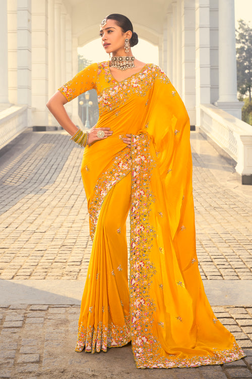 Orange Silk Designer Saree with Heavy Embroidery
