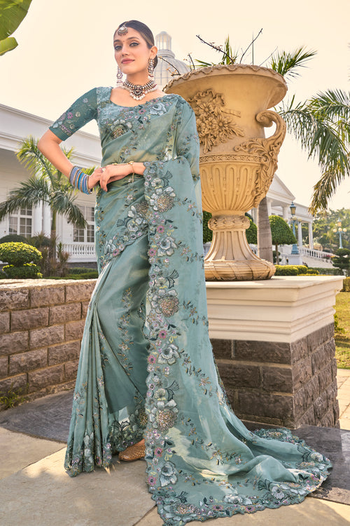 Grey Embroidered Organza Saree For Wedding