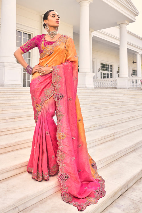 Orange And Pink Jacquard Silk Saree With Heavy Embroidery Border