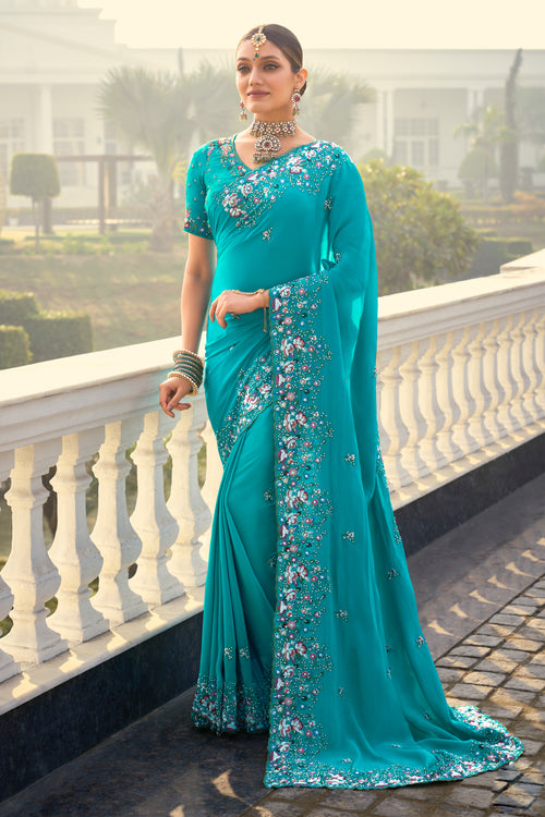 Deep Sky Blue Silk Saree With Embroidery Work Border