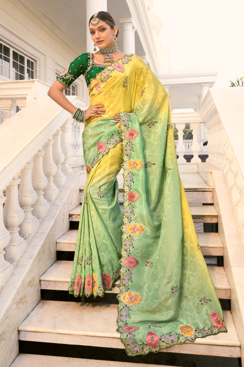 Yellow And Light Green Jacquard Silk Saree For Wedding