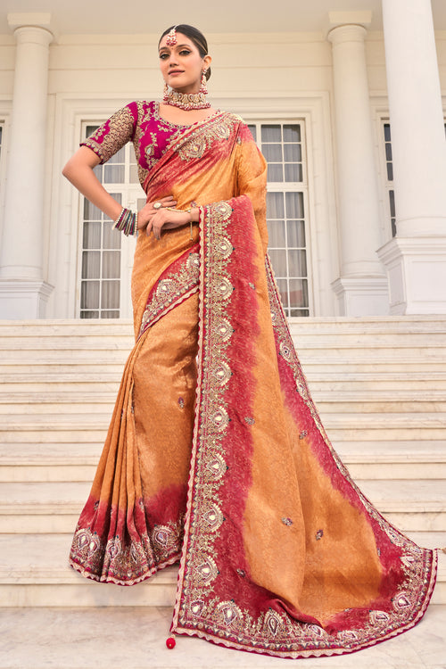Orange And Red Embroidered Jacquard Silk Saree