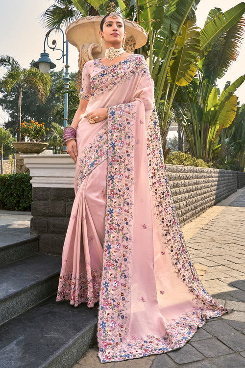 Baby Pink Silk Wedding Wear Saree For Women