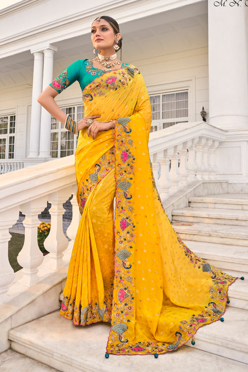 Yellow Embroidered Silk Saree