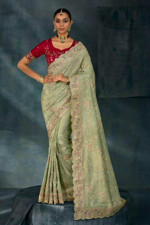 Pista Green Cut Dana & Mirror Work Designer Embroidered Saree