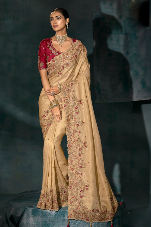 Cream Silk Cut Dana & Mirror Work Designer Saree