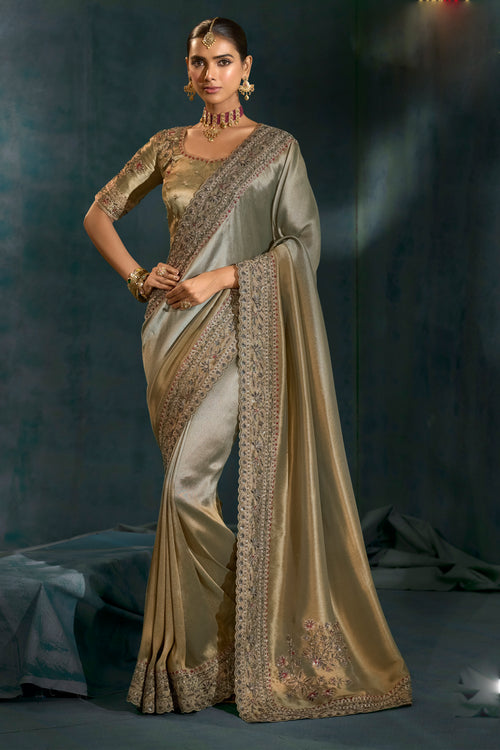 Grey Heavy Work Wedding Wear Ziraf Silk Designer Saree