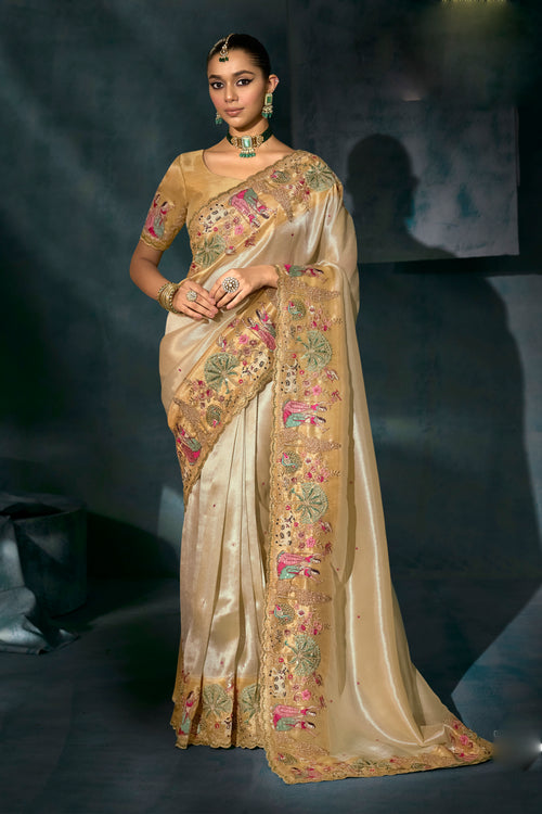 Cream Silk Cut Dana Classic Designer Saree