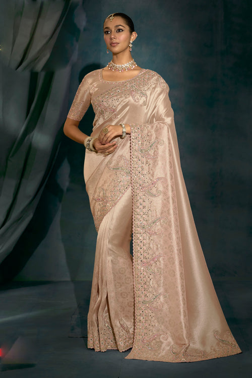 Rose Gold Cut Dana & Mirror Work Designer Saree