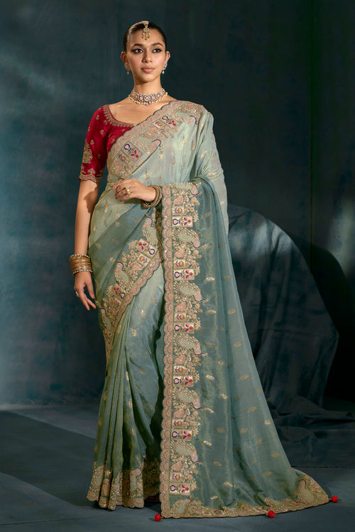 Gray Cut Dana & Mirror Work Designer Saree