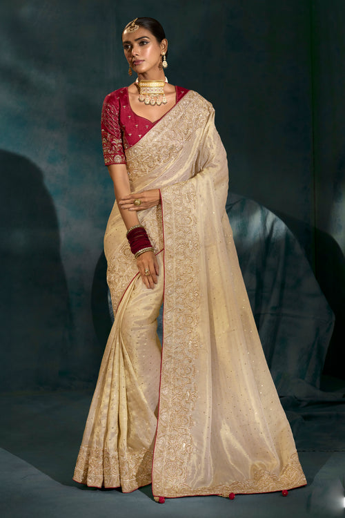 Cream Heavy Work Wedding Wear Ziraf Silk Designer Saree
