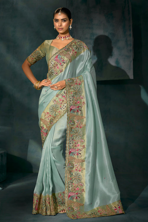 Sea Green Cut Dana & Mirror Work Designer Saree