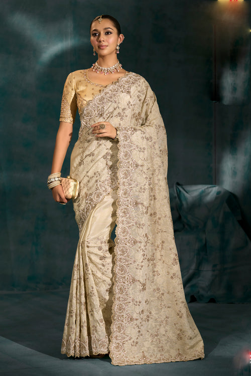 Cream Heavy Work Wedding Wear Banarasi Zari Designer Saree