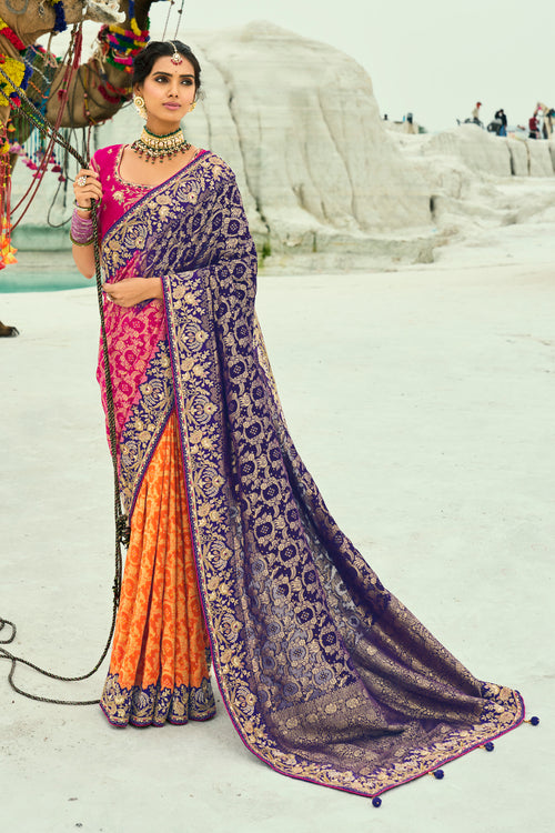 Purple Rani Embroidered Bandhej Designer Saree