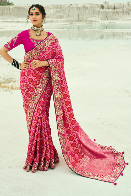 Red And Rani Embroidered Banarasi Chiffon Saree