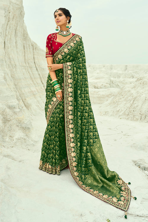 Green Woven Pure Georgette Jacquard Saree