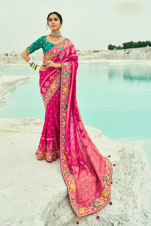 Fuchsia Woven Pure Georgette Jacquard Saree