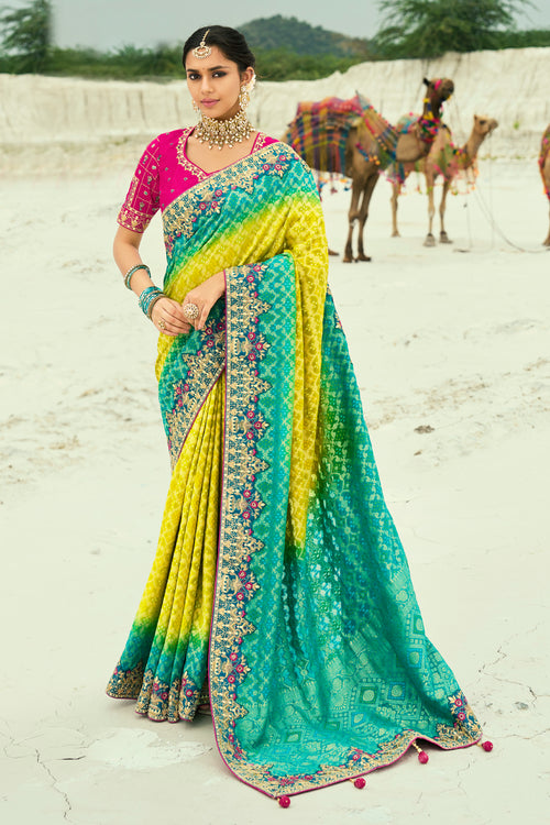 Yellow And Rama Beads Work Silk Traditional Embroidered Saree