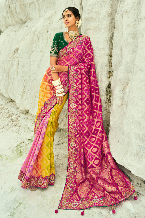 Mustard Yellow And Rani Embroidered  Pure Georgette Jacquard Saree