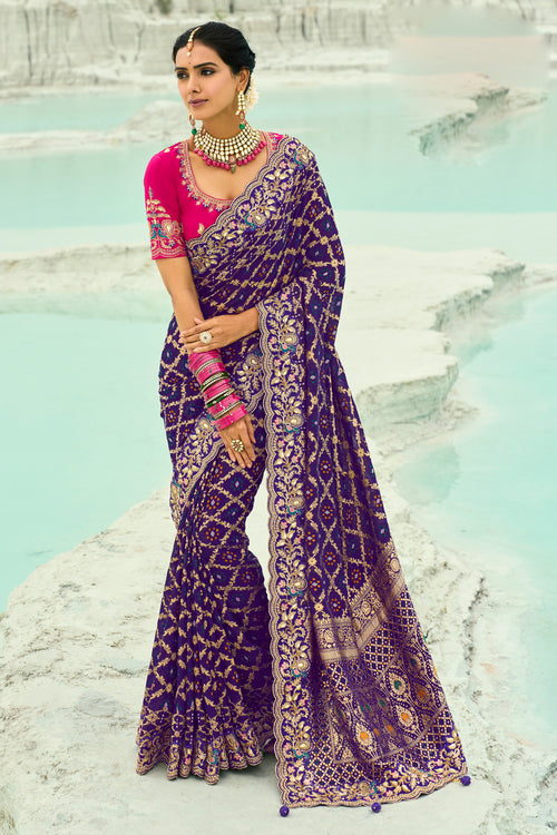 Purple Embroidered Banarasi Chiffon Saree