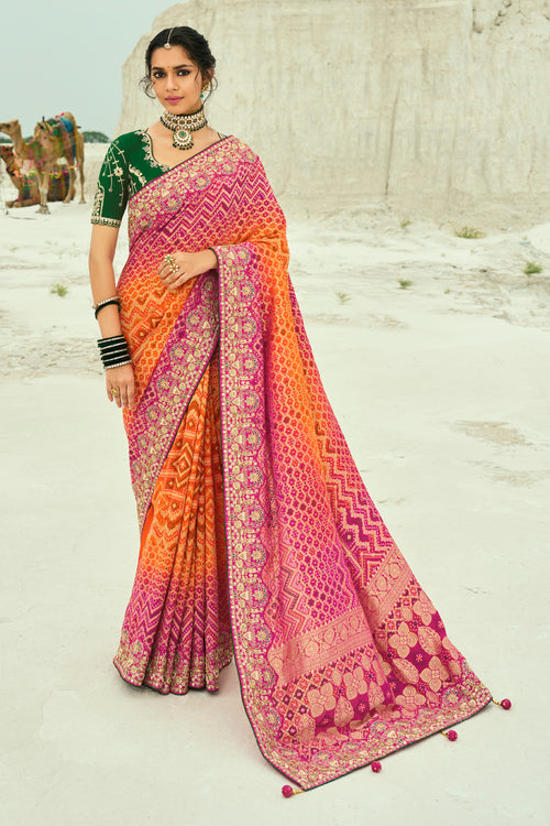 Orange And Rani Embroidered Pure Georgette Jacquard Saree