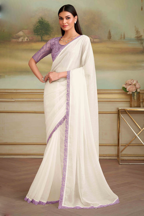 Shining White Sparkle Georette Saree With Embroidered Border