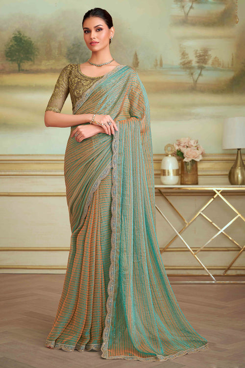 Olive Green Sparkle Georgette Saree With Embroidered Border