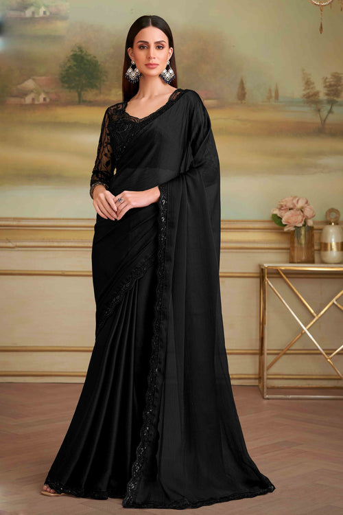 Jet Black Shaded Satin Chiffon Saree With Embroidered Border