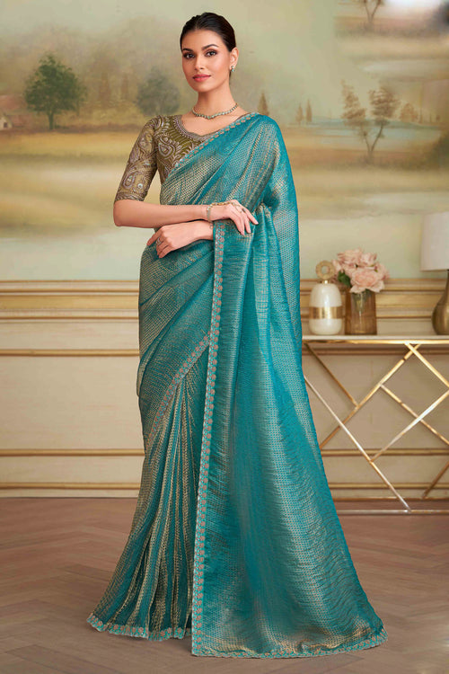 Golden Blue Georgette Embroidered Saree With Blouse Piece