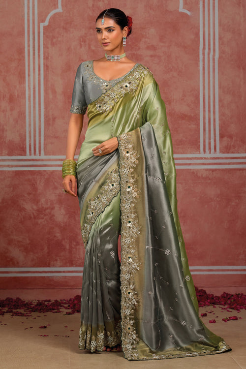 Golden Green With Grey Tissue Embroidered Wedding Wear Saree