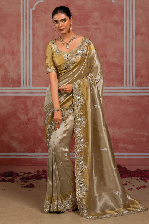 Golden and Mustard Tissue Embroidered Wedding Wear Saree