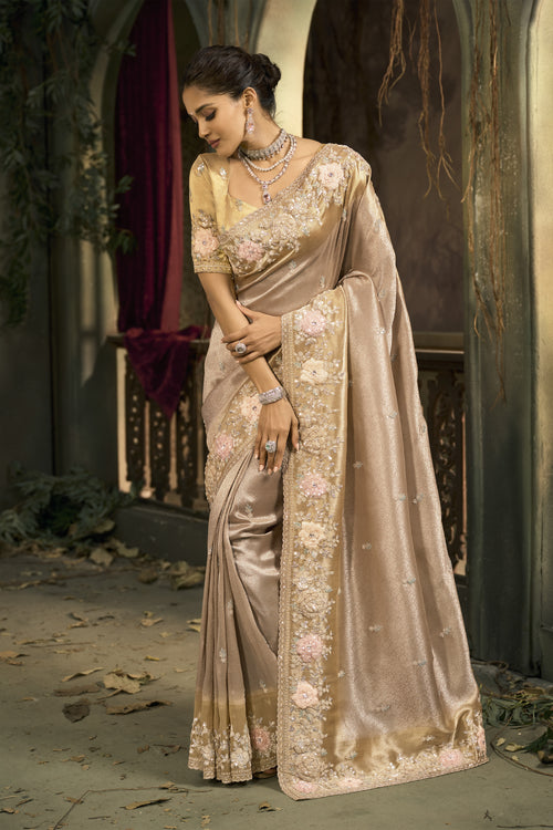 Beige Designer Embroidered Silk Saree with Floral Work Wedding Wear