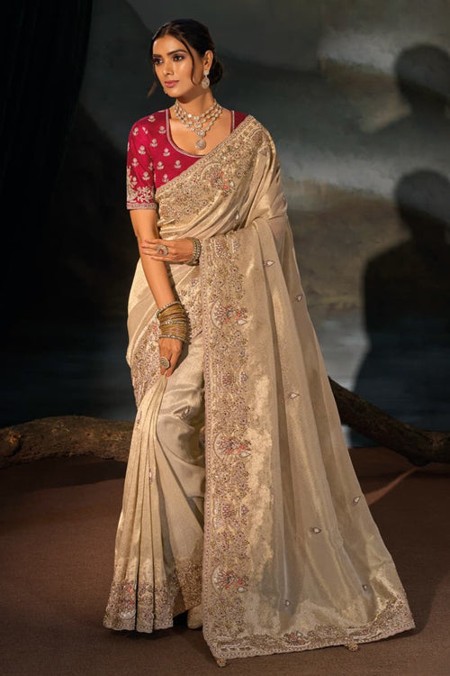 Beige Kanjivaram Silk Wedding Festive Saree