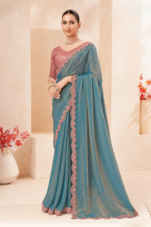 Dusty Blue Silk Saree with Pink Designer Embroidered Border