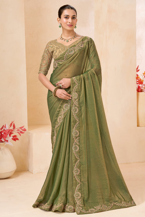 Olive Green Silk Saree with Designer Embroidered Border