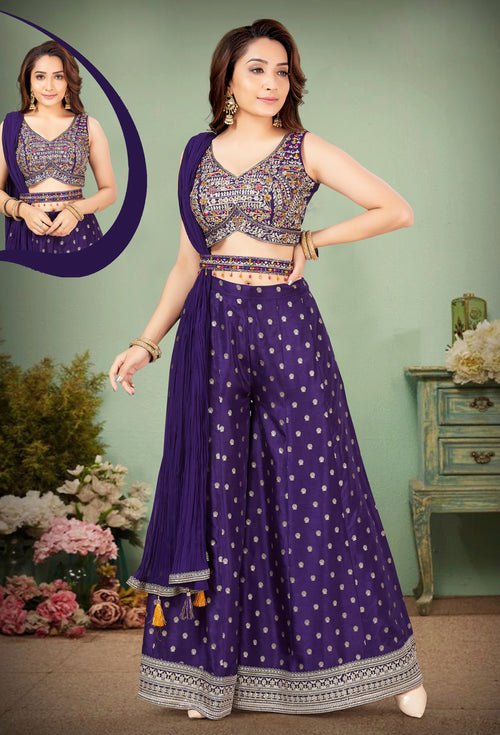 Royal Blue Fancy Work Party Wear Palazzo Suit With Dupatta
