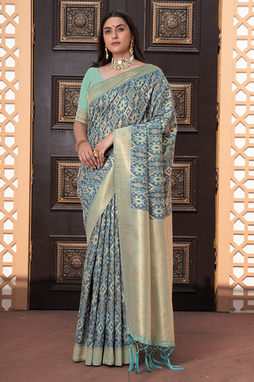 Blue Ikat Silk Elegant Weaving Cotton Saree