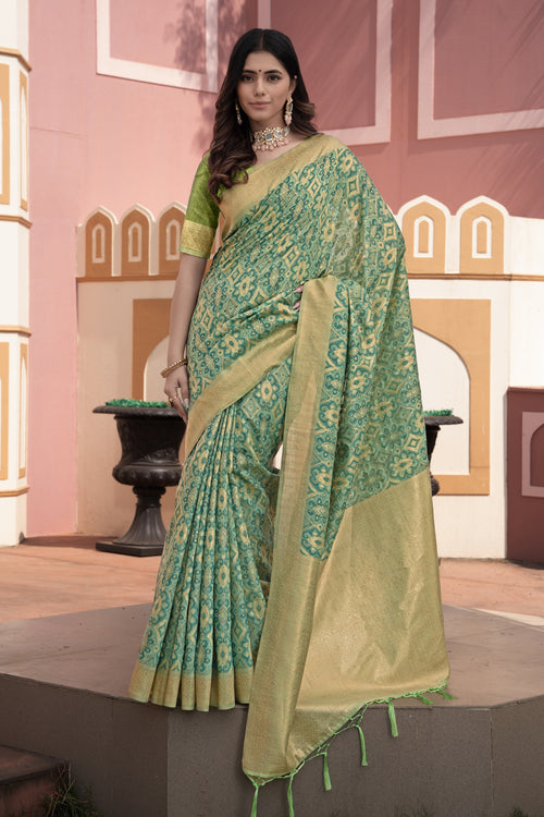 Green Ikat Silk Cotton Saree With Zari Woven Elegance
